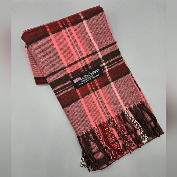 Accessories - New 100% Cashmere Scarf Made in Scotland Burgundy Pink & Black Plaid NWOT